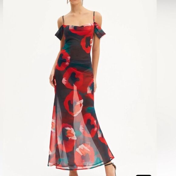 Commense Maxi Dress Black Red Abstract Floral Romantic SZ XS NEW - Picture 1 of 16